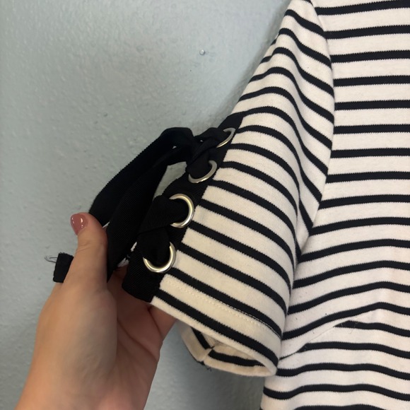 Anthropologie Maeve Ribbons and Stripes Mini Shirt Dress Black White Size Medium - Picture 6 of 13